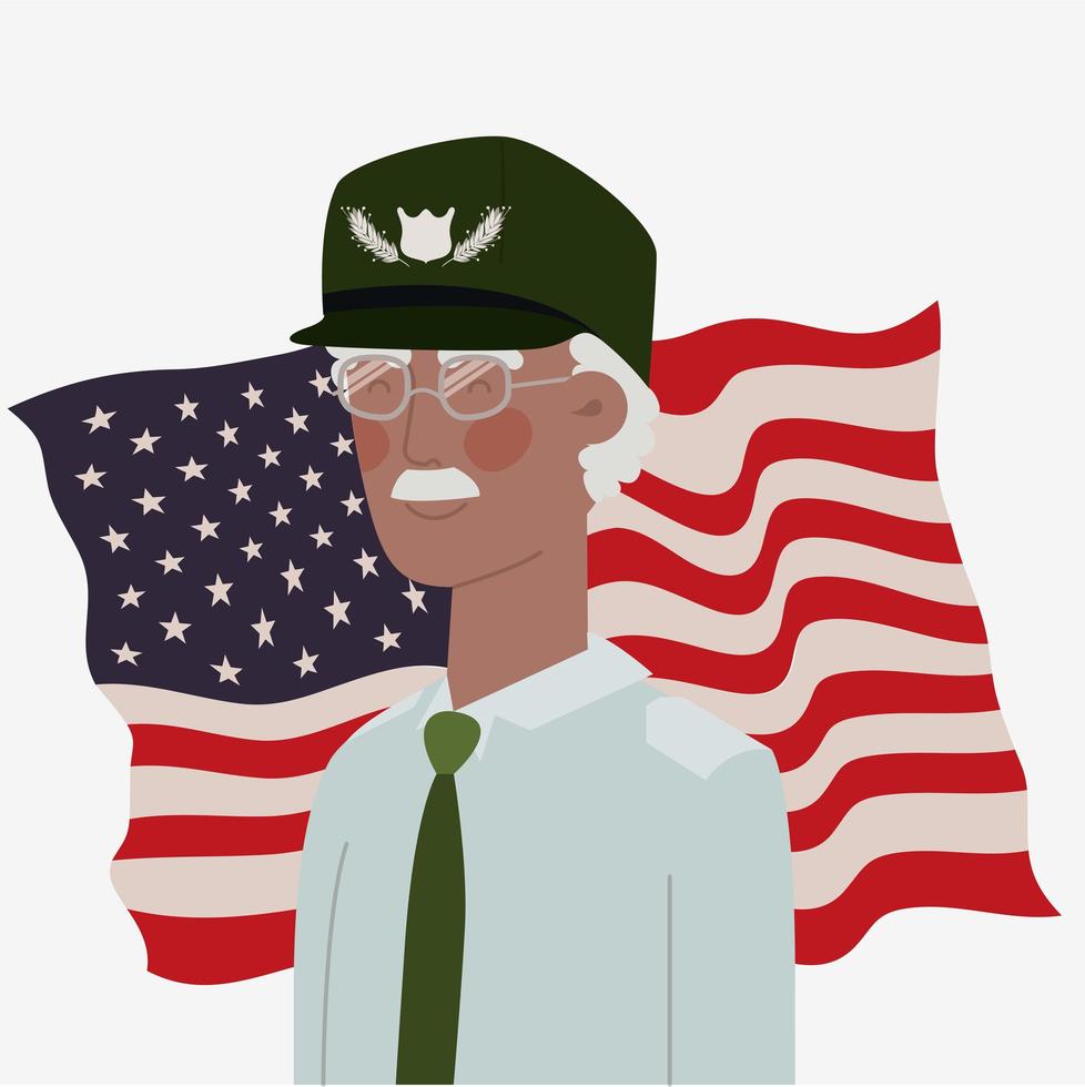 memorial day card with afro veteran and usa flag vector