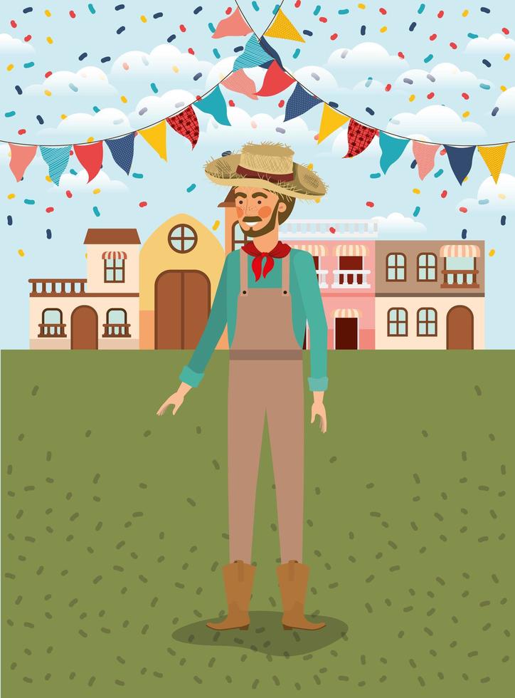 young farmer celebrating with garlands and cityscape vector