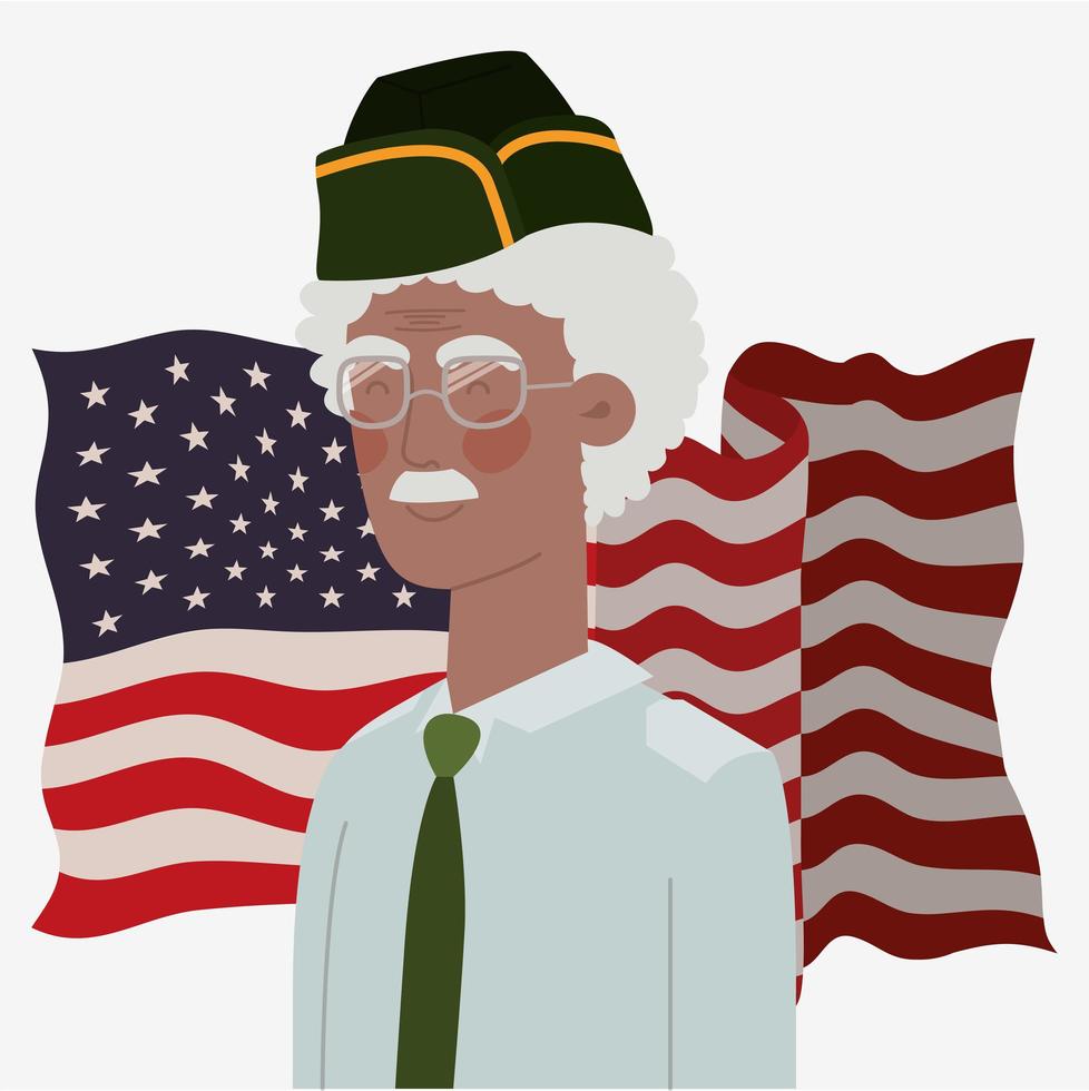 memorial day card with afro veteran and usa flag vector