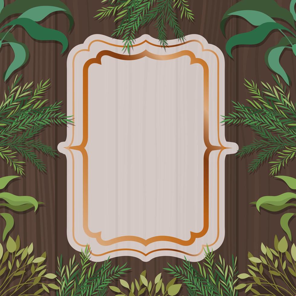golden elegant frame with herbal and wooden background vector