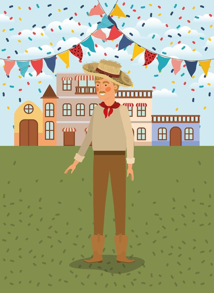 young farmer celebrating with garlands and cityscape vector