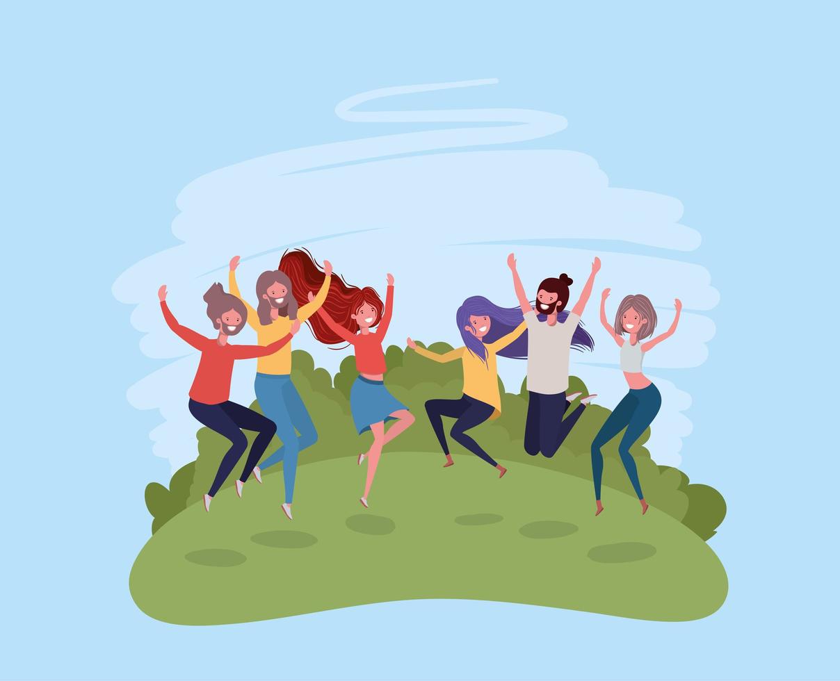 young people jumping celebrating in the park characters vector