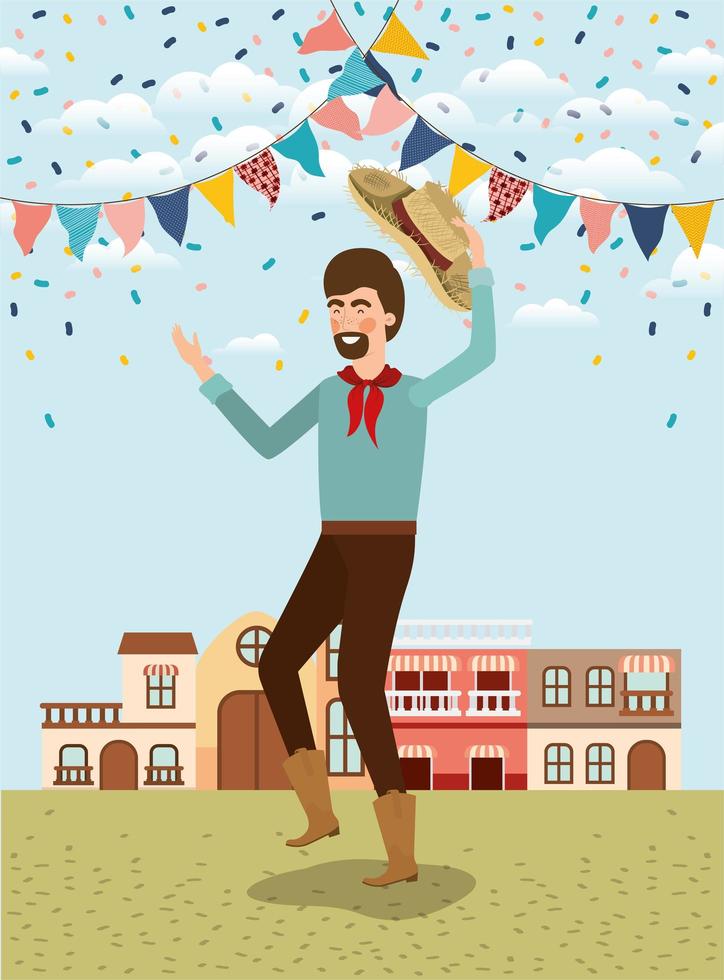 joven agricultor celebrando con guirnaldas y paisaje urbano vector