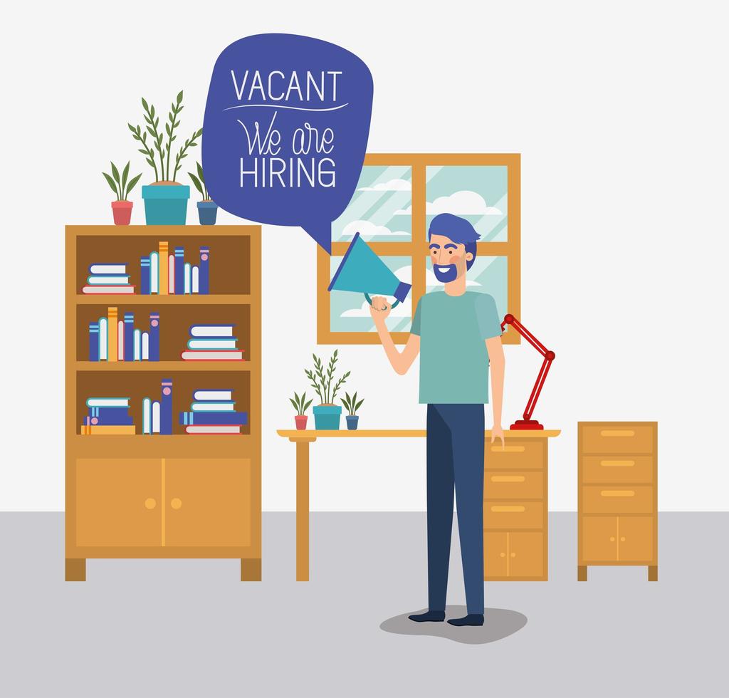 man using megaphone with we are hiring message in the office vector