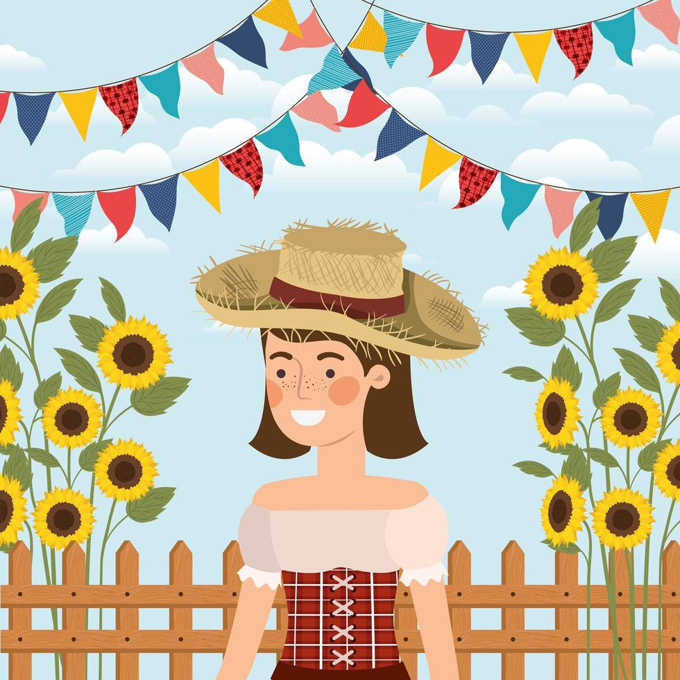 female farmer celebrating with garlands and fence vector