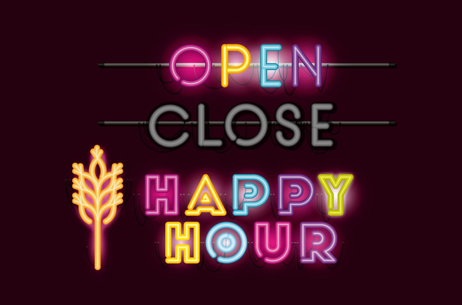 happy hour with spike fonts neon lights vector