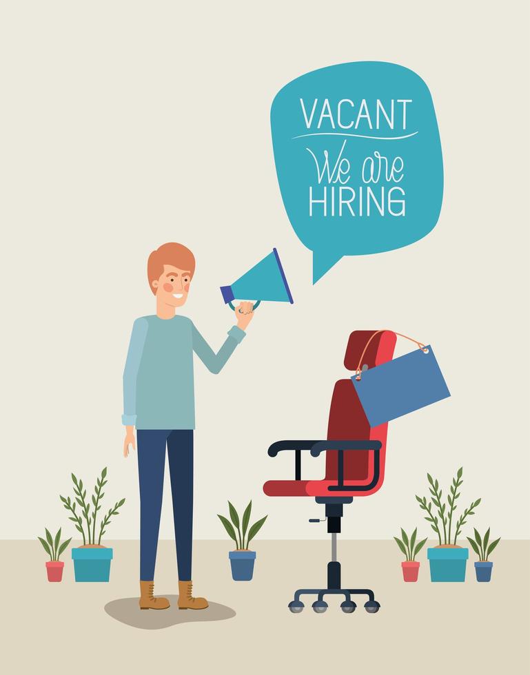 man using megaphone with we are hiring message in the office vector