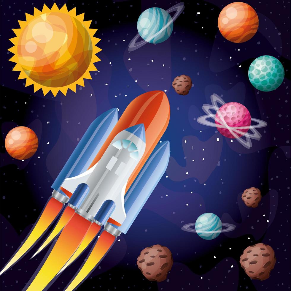 Rocket with flame and planets design vector illustration