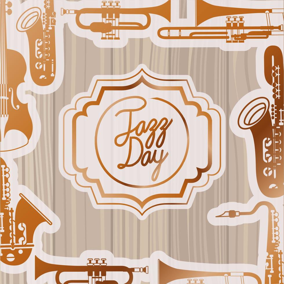 jazz day frame with instruments and wooden background vector