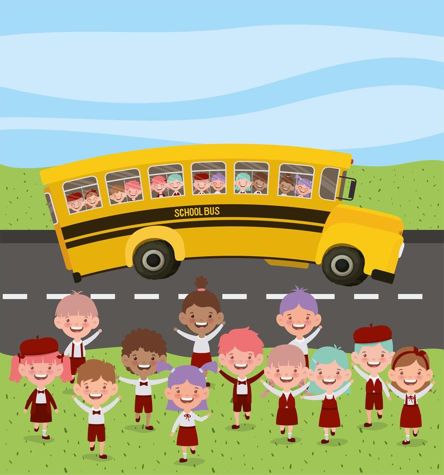 school bus with kids on the road vector