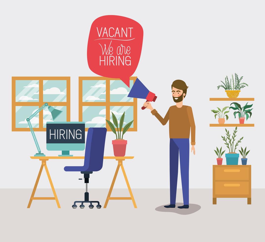 man using megaphone with we are hiring message in the office vector