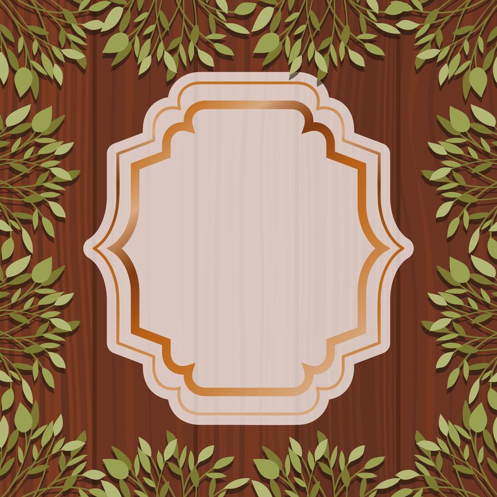 golden elegant frame with herbal and wooden background vector
