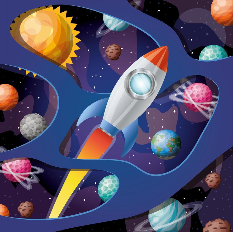 cohete con llama y planetas diseño ilustración vectorial vector