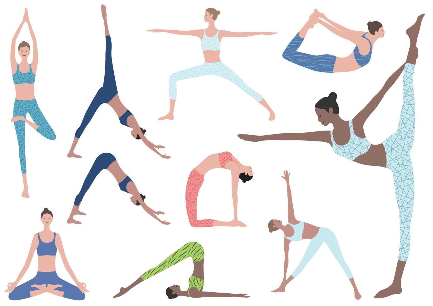 Flat Illustration Set Of Woman Doing Yoga Exercises. Vector Icons Of Various Yoga Positions Isolated On A White Background.