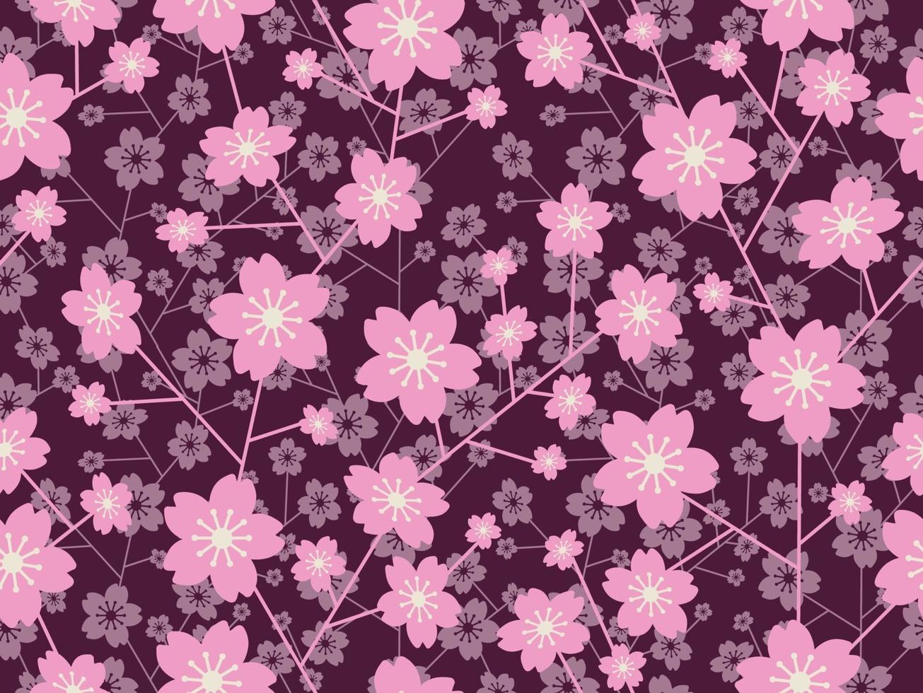 Seamless Cherry Blossom Floral Pattern Isolated On A Black Background, Vector Illustration.