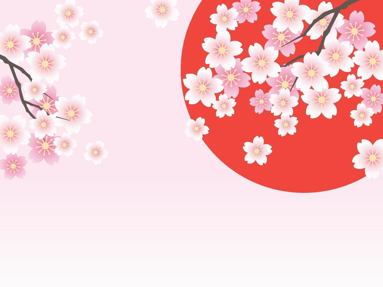 Vector Background Illustration With The Rising Sun, Cherry Blossoms In Full Bloom, And Text Space.