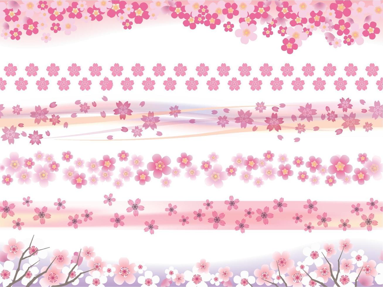 Set Of Five Seamless Cherry Blossoms Banners Isolated On A White Background, Vector Illustration. Horizontally repeatable.