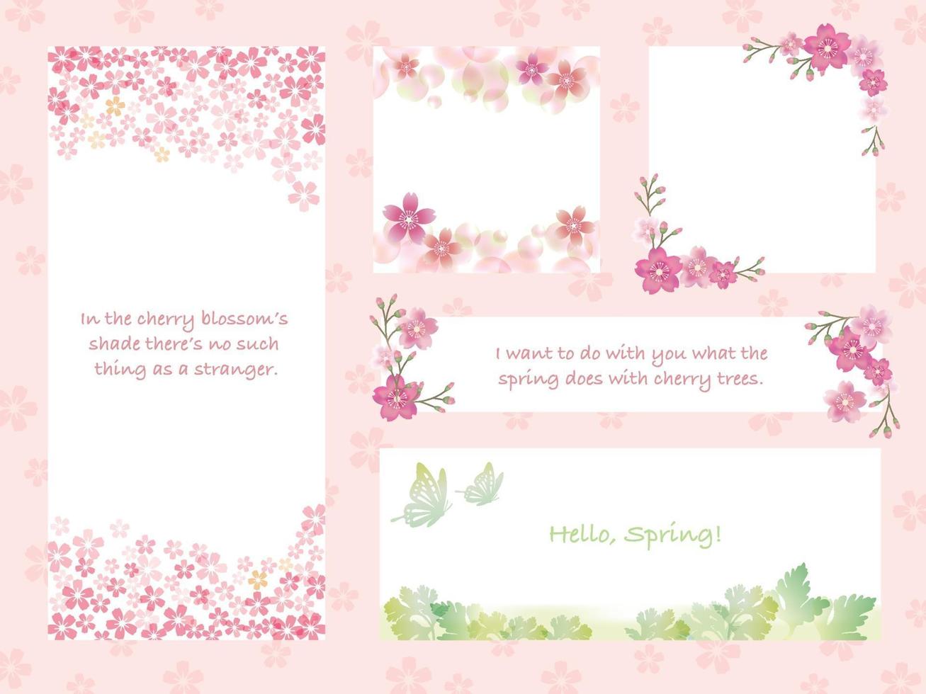 Set Of Greeting Cards Set With Cherry Blossoms In Full Bloom On A Pink Background. Vector Illustration.