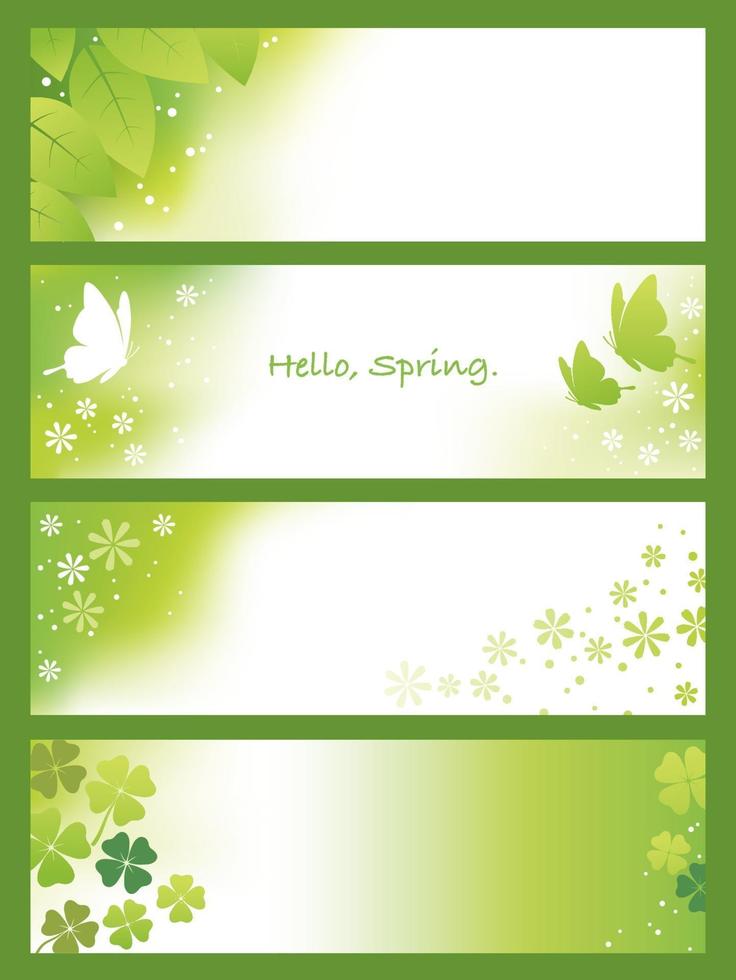 Fondo de vector de primavera con hojas verdes frescas, mariposas, pétalos de flores y trébol de cuatro hojas.