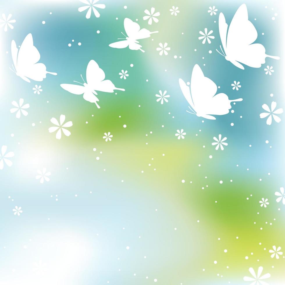 Ilustración de fondo de vector de primavera cuadrada con flores, mariposas y espacio de texto.