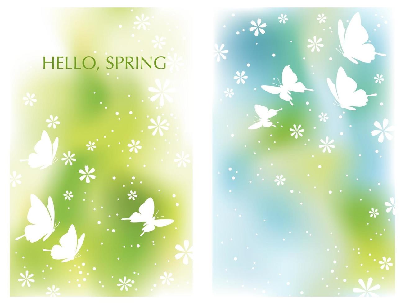 Set Of Springtime Vector Background Illustrations With Flowers, Butterflies, And Text Space Isolated On A White Background.