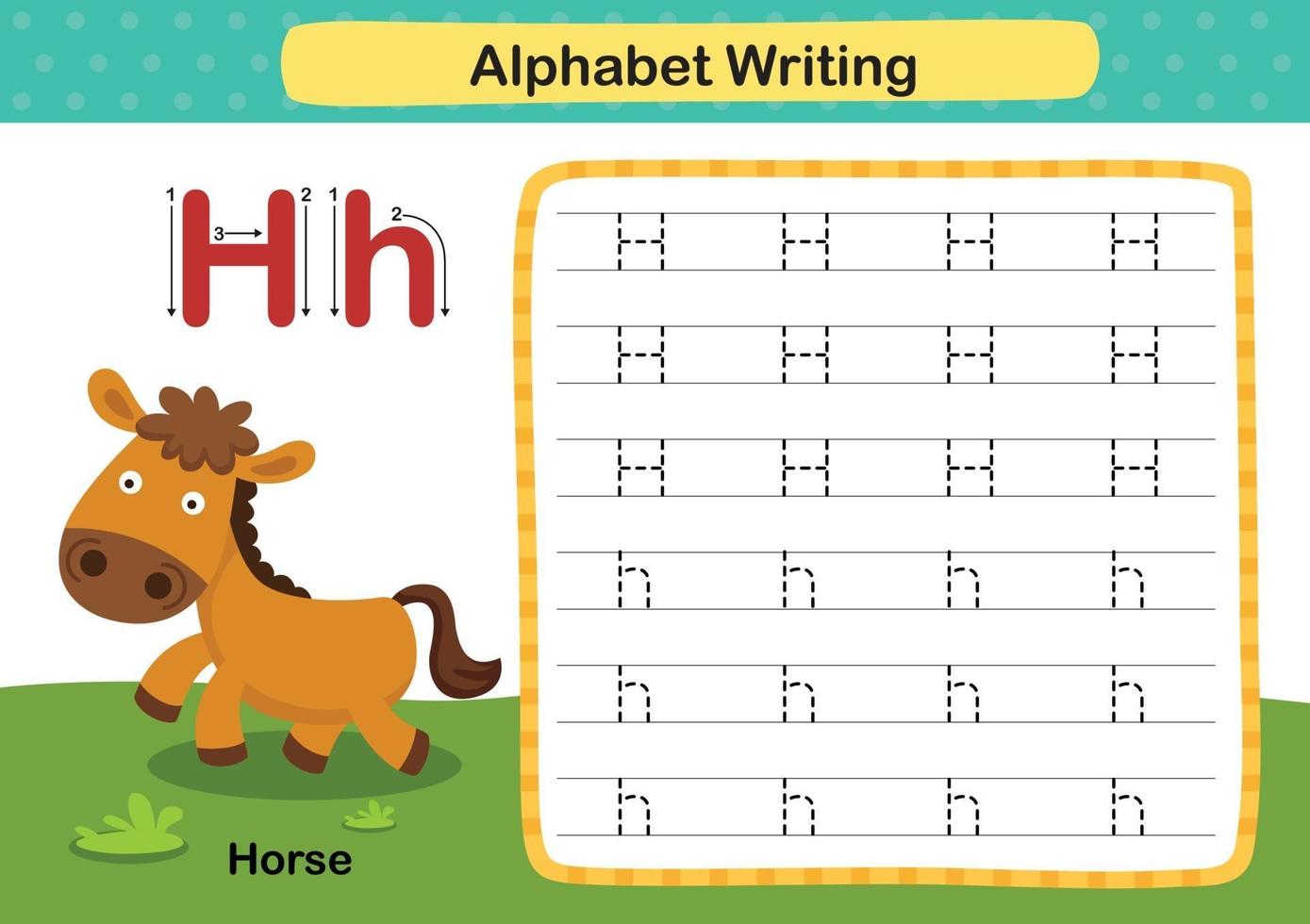 Alfabeto letra h-caballo ejercicio con ilustración de vocabulario de dibujos animados, vector