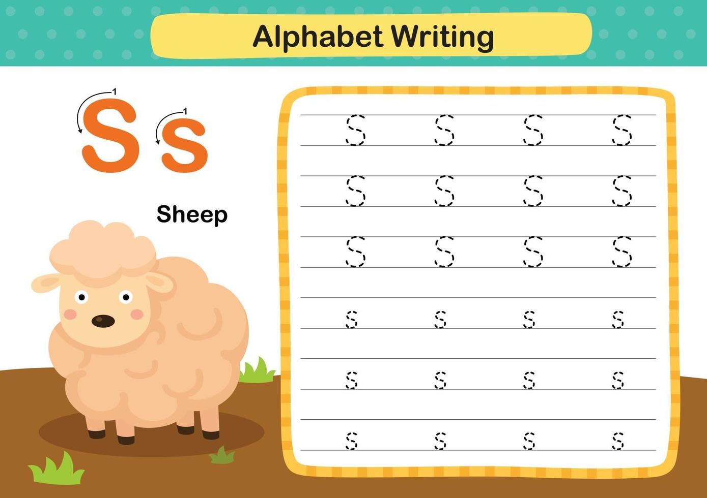 Alphabet Letter S-Sheep exercise with cartoon vocabulary illustration, vector