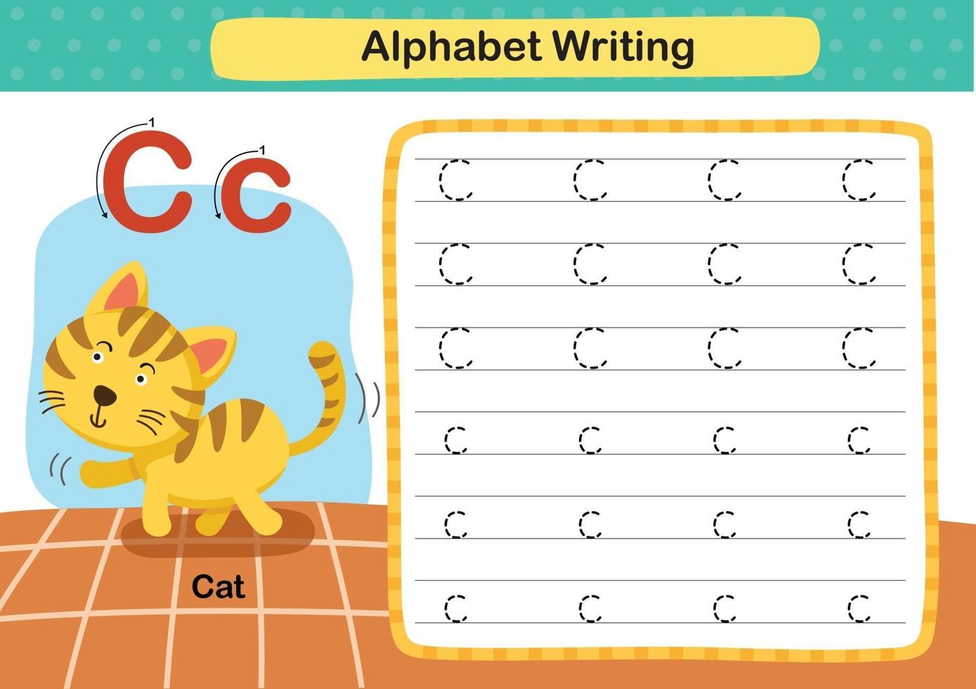 Alphabet Letter C-Cat exercise with cartoon vocabulary illustration, vector