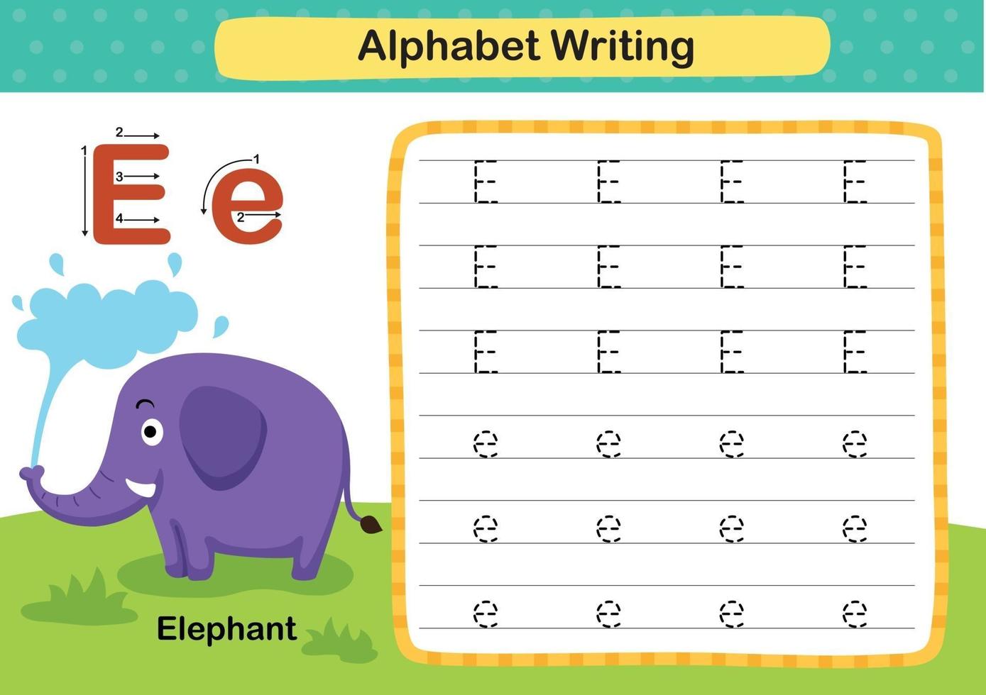 Ejercicio de letra del alfabeto e-elefante con ilustración de vocabulario de dibujos animados, vector