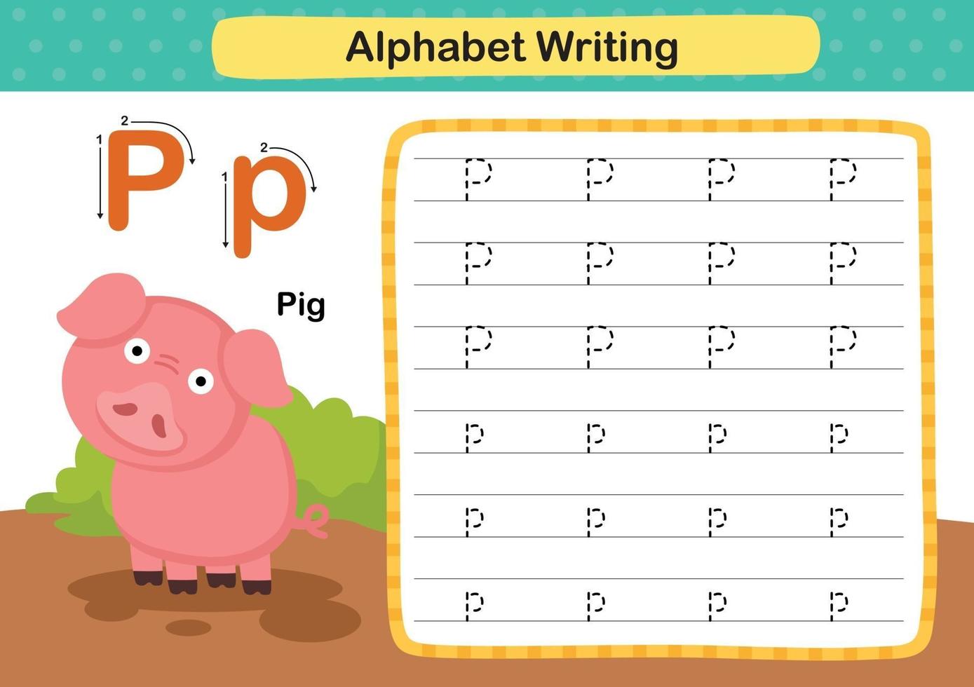 Alphabet Letter P-Pig exercise with cartoon vocabulary illustration, vector
