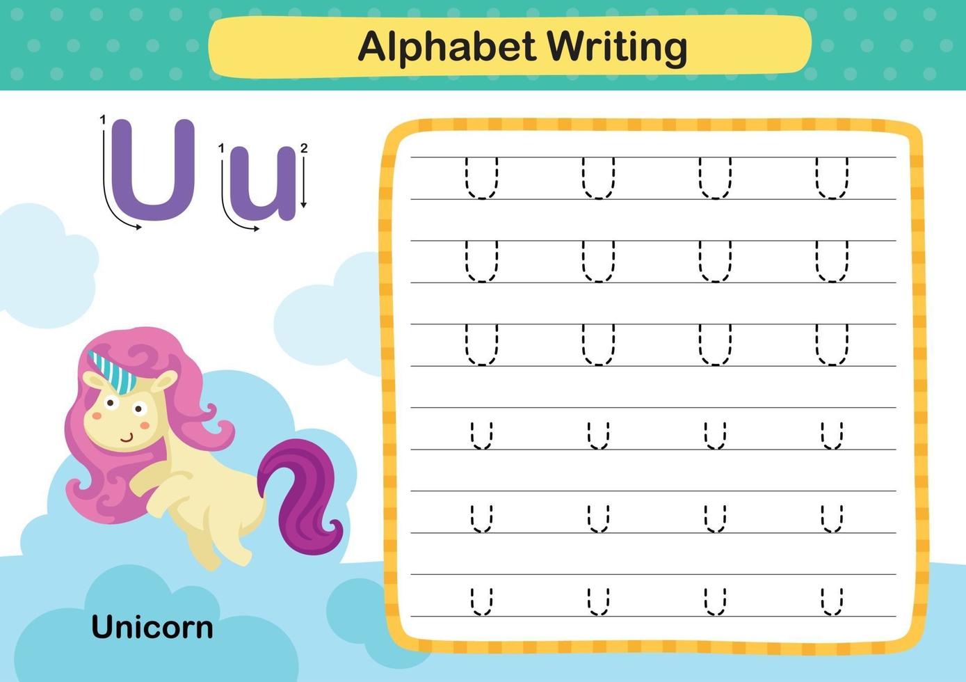 Alphabet Letter U-Unicorn exercise with cartoon vocabulary illustration, vector