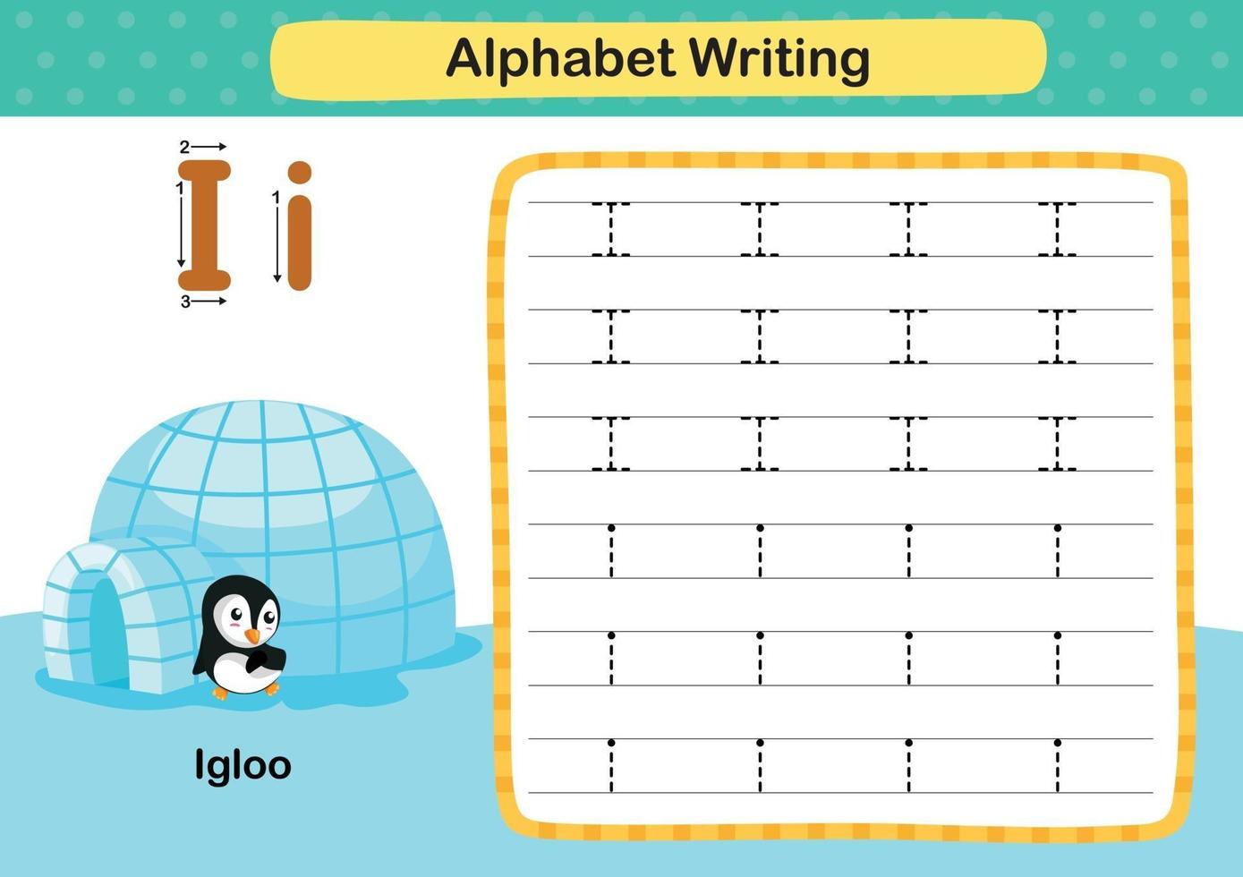 Ejercicio de alfabeto letra i-iglú con ilustración de vocabulario de dibujos animados, vector