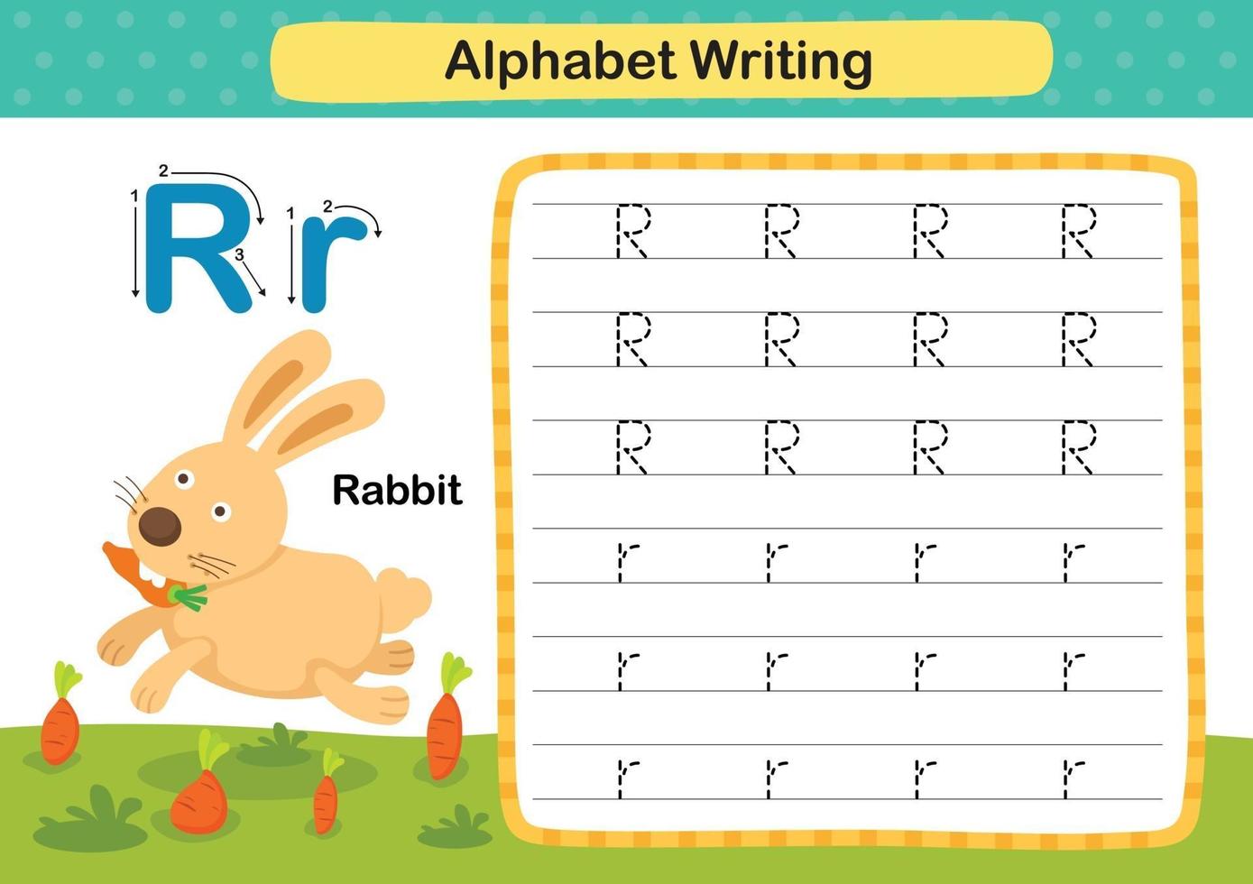 Ejercicio de alfabeto letra r-conejo con ilustración de vocabulario de dibujos animados, vector