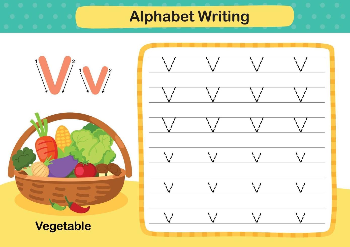 Ejercicio de alfabeto letra v-vegetal con ilustración de vocabulario de dibujos animados, vector