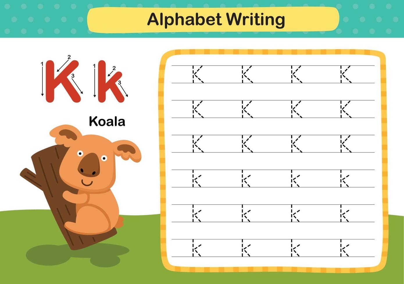 Alphabet Letter K-Koala exercise with cartoon vocabulary illustration, vector
