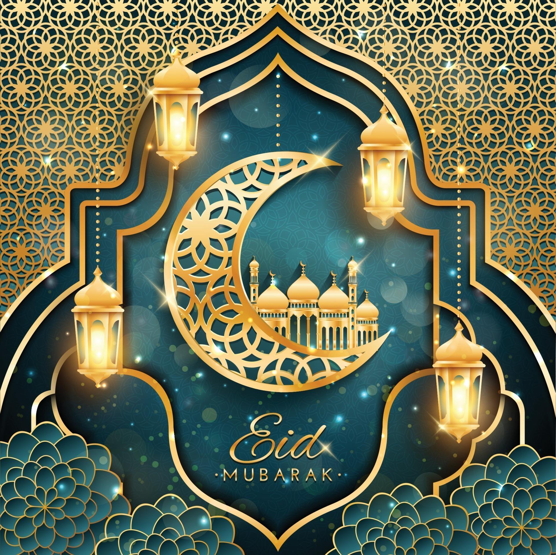 Eid Mubarak With Crescent Moon And Mosque Concept 2072046 Vector Art At