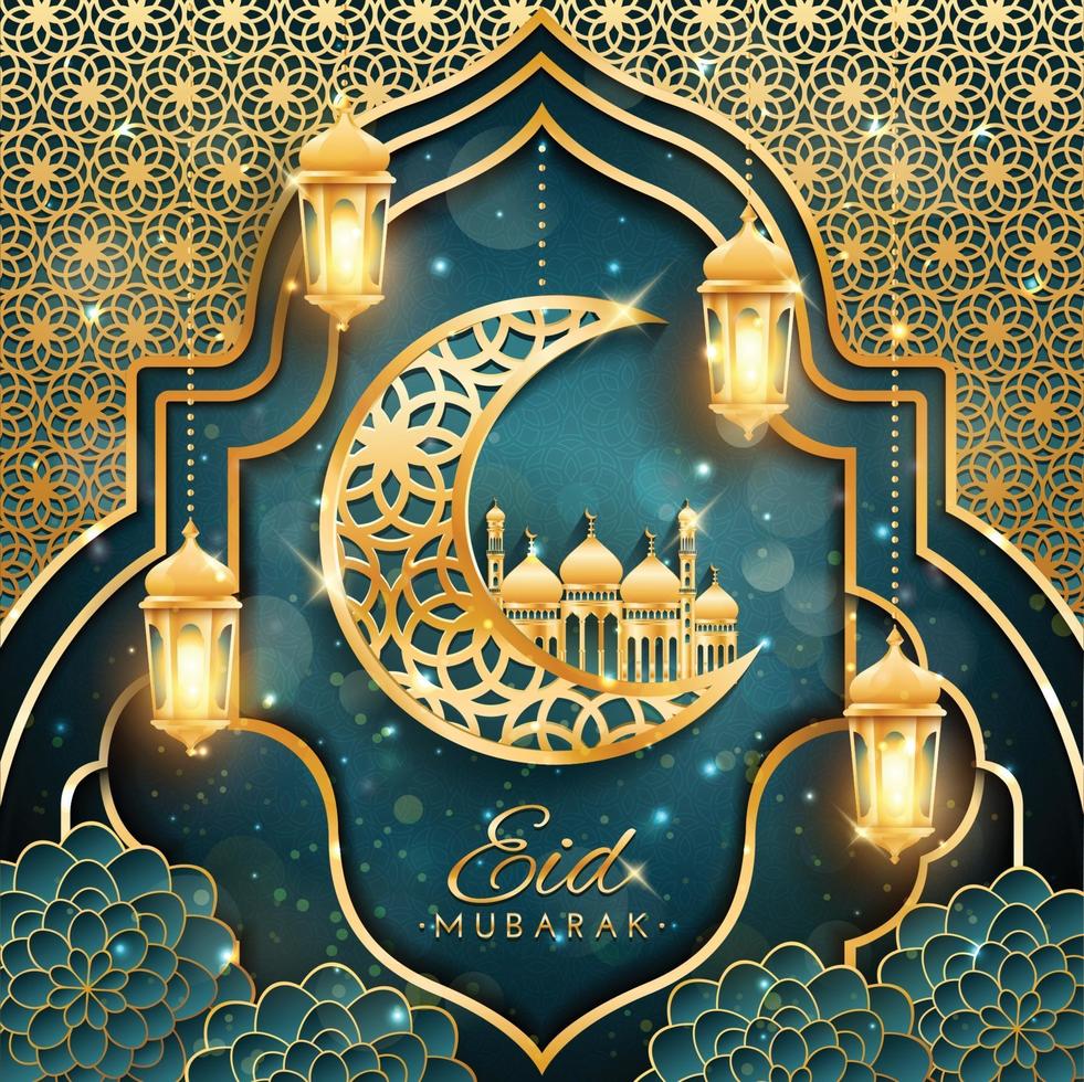 eid mubarak con luna creciente y concepto de mezquita vector