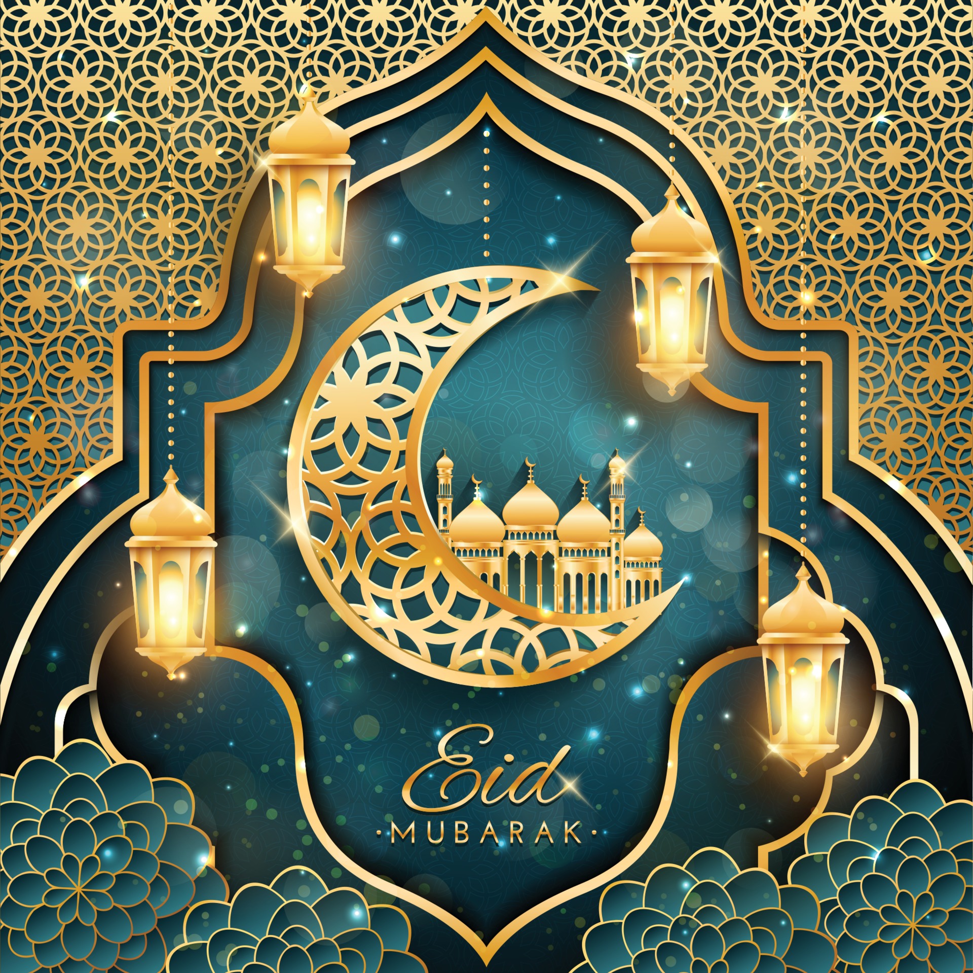eid mubarak con luna creciente y concepto de mezquita 2072046 Vector en