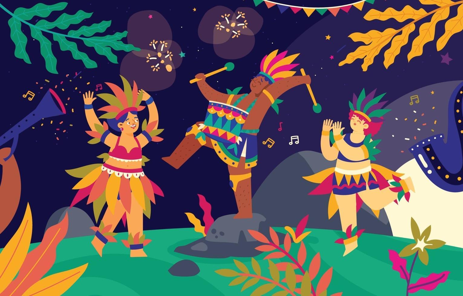 brasileño tocando música y bailando en la ilustración del carnaval de río de janeiro vector