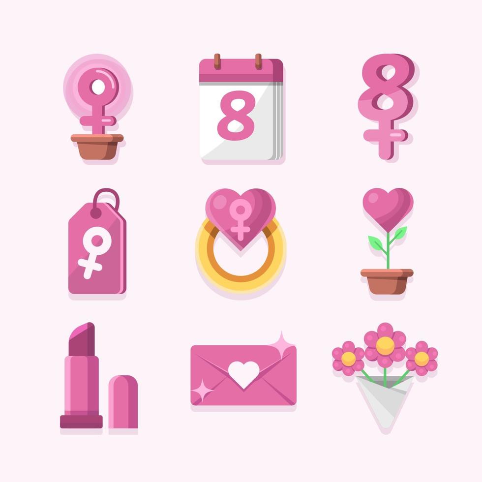 conjunto de iconos del día de la mujer rosa femenina vector