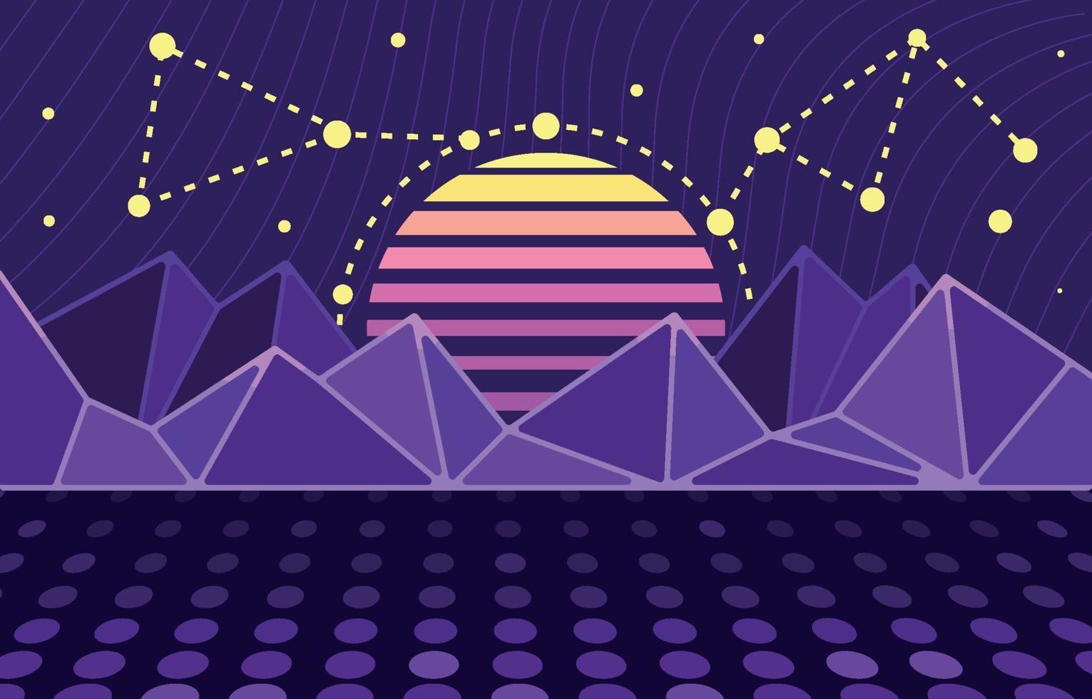 paisaje retro puesta de sol sobre el fondo de montaña futurista vector