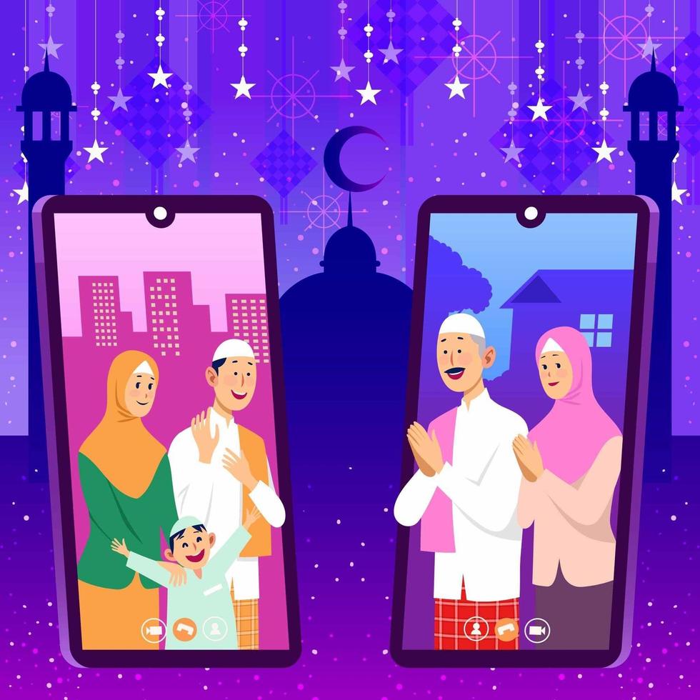 Families Greet Each Other Via Online When Islamic Eid Al-Fitr vector