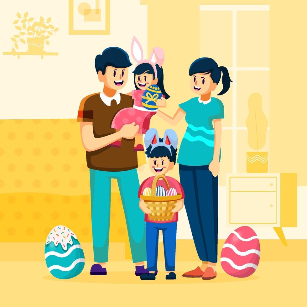 familia feliz lista para el festival del huevo de pascua vector