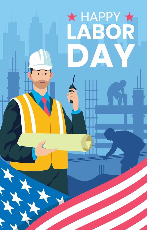 Waving American Flag With Construction Labor Men vector