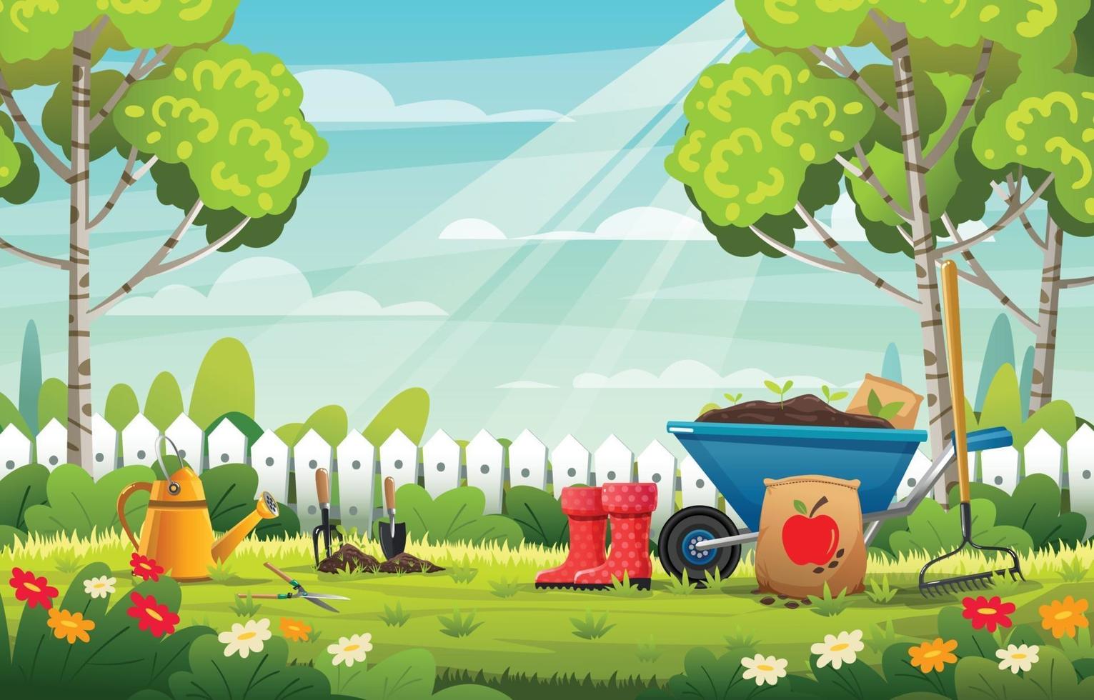 Garden Landscape with Gardening Tools Background Concept vector