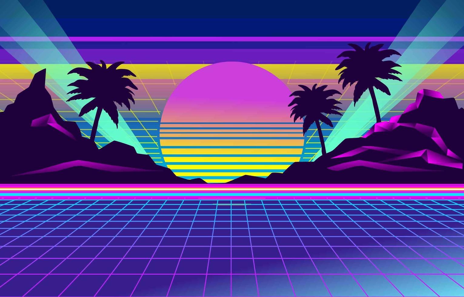 paisaje retro futurismo vector