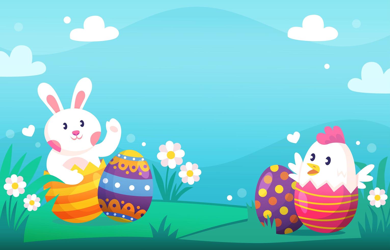 Cute rabbit and chicks on easter day background vector