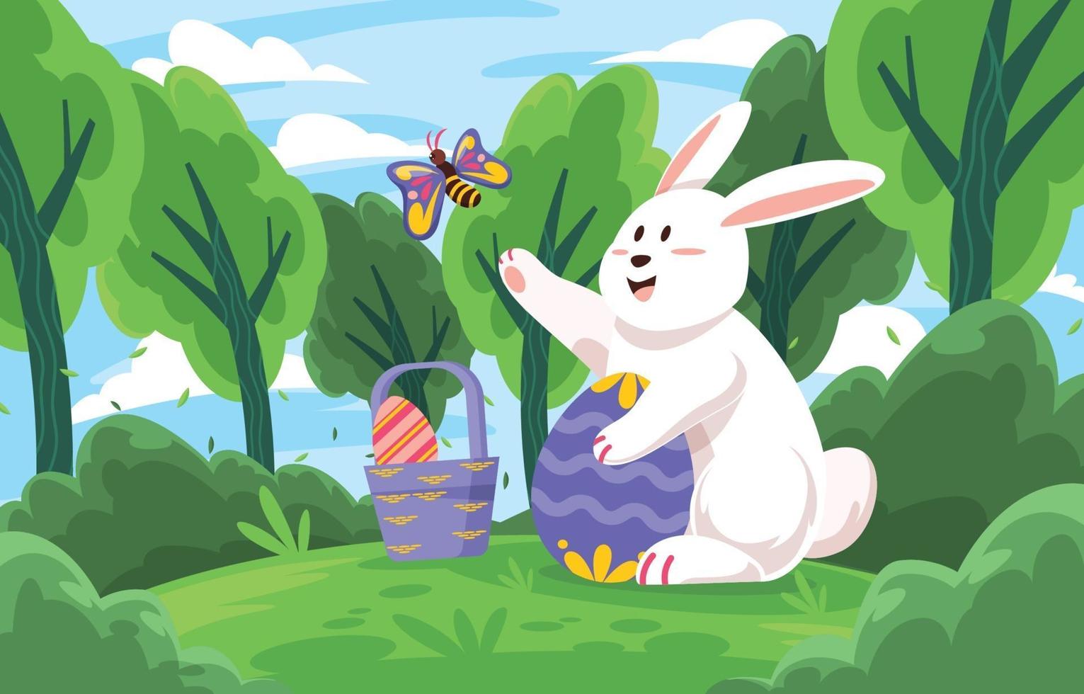 conejo de pascua jugando con mariposa vector