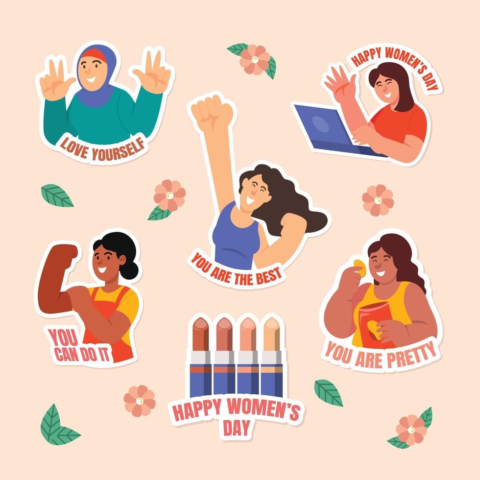 paquete de pegatinas de diversidad del día de la mujer vector