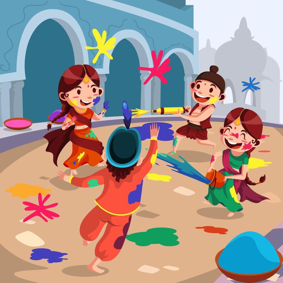 kids playing holi with natural colours clipart